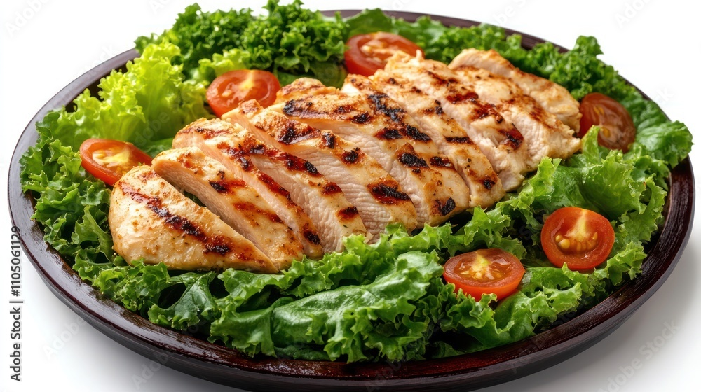 Grilled chicken breast served on a bed of fresh lettuce and tomatoes. Grilled chicken breast served on a bed of fresh lettuce and tomatoes.