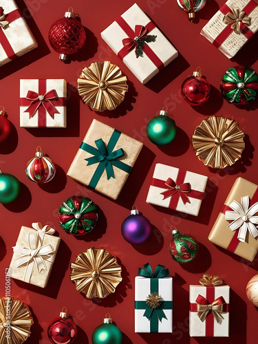 Holiday Charm: Vertical Christmas Scene with Radiant Ornaments and Gift Boxes