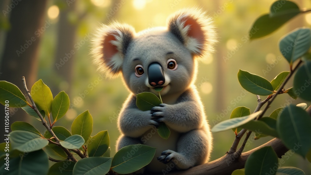 Capture a koala munching on eucalyptus leaves, seated comfortably on a branch. Sunlight filters through the forest, creating a peaceful scene that highlights its relaxed diet.