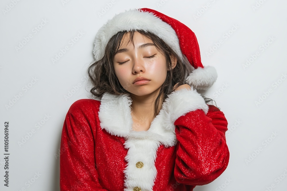 A young Hispanic woman donning a Mama Noel costume sits alone against a white backdrop, gently resting her head with a cute expression. A young Hispanic woman donning a Mama Noel costume sits alone against a white backdrop, gently resting her head with a cute expression.