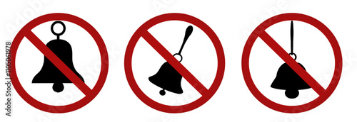 Vector set of round prohibition signs with black silhouette of bells. Minimalistic forbidden sign for mute, ban calls.