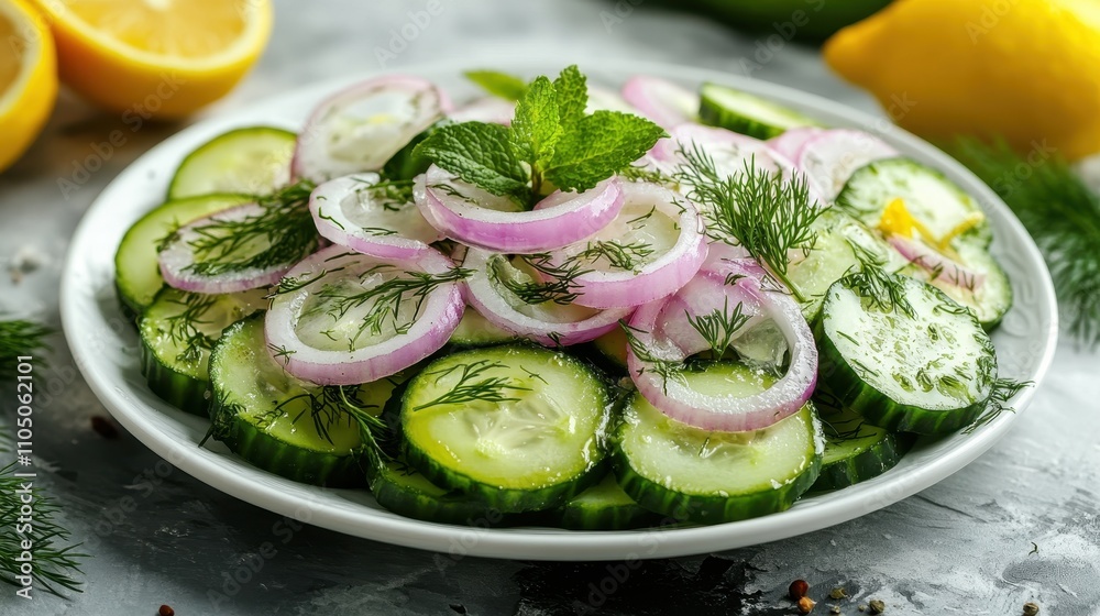 Refreshing cucumber and red onion salad with dill and mint. Perfect for summer recipes, blogs, or healthy eating content. Refreshing cucumber and red onion salad with dill and mint. Perfect for summer recipes, blogs, or healthy eating content.