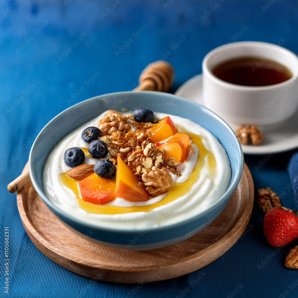 Vibrant Greek Yogurt Bowl with Honey Nuts and Fruits Vibrant Greek Yogurt Bowl with Honey Nuts and Fruits