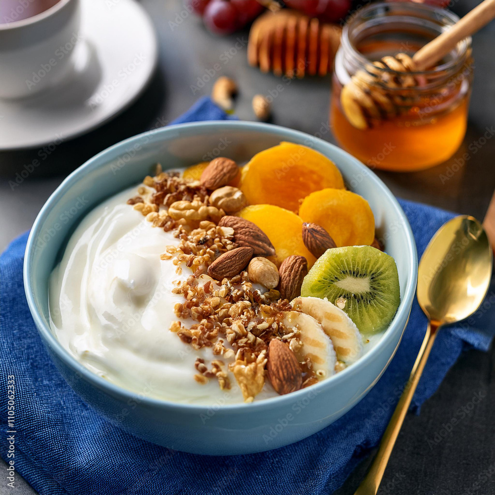 Vibrant Greek Yogurt Bowl with Honey Nuts and Fruits Vibrant Greek Yogurt Bowl with Honey Nuts and Fruits