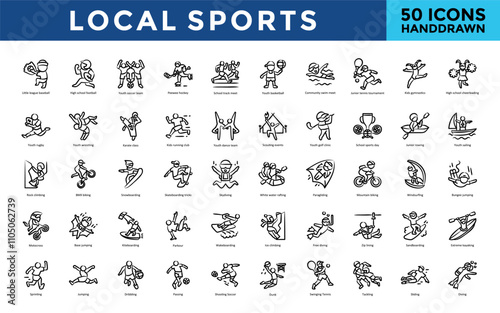 Local sports icon set with little league baseball, high school football, youth soccer team, peewee hockey, school track meet, youth basketball, community swim meet icon. Simple handdrawn vector 

