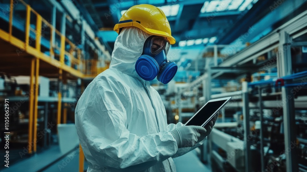 Worker in a hazmat suit with a tablet at a modern factory, industrial theme Worker in a hazmat suit with a tablet at a modern factory, industrial theme