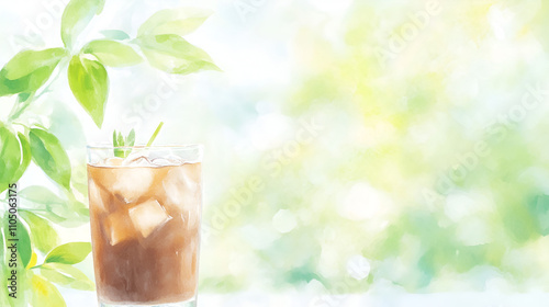 frosty iced coffee refreshment surrounded lush greenery vivid summer vibe bright sunlight, cold, brew, refreshing, drink, beverage, tropical, flavor cover poster copy space cute soft watercolor