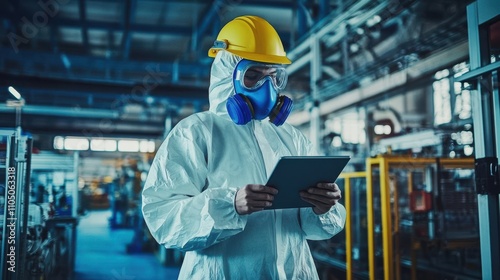 Worker in a hazmat suit with a tablet at a modern factory, industrial theme