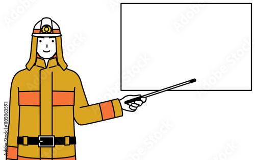 Firefighter in fire uniform pointing at a whiteboard with an indicator stick.