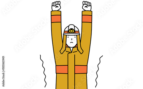 Firefighter in fire uniform stretching and standing tall.