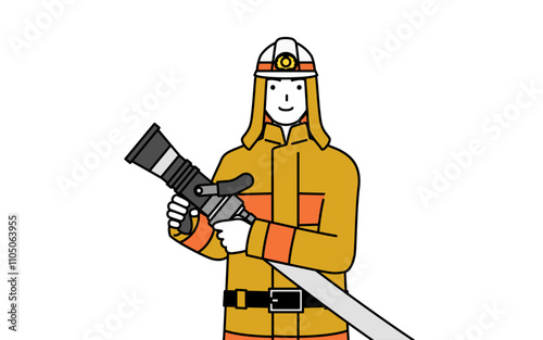 Firefighter in fire uniform holding fire hose with gun-type nozzle