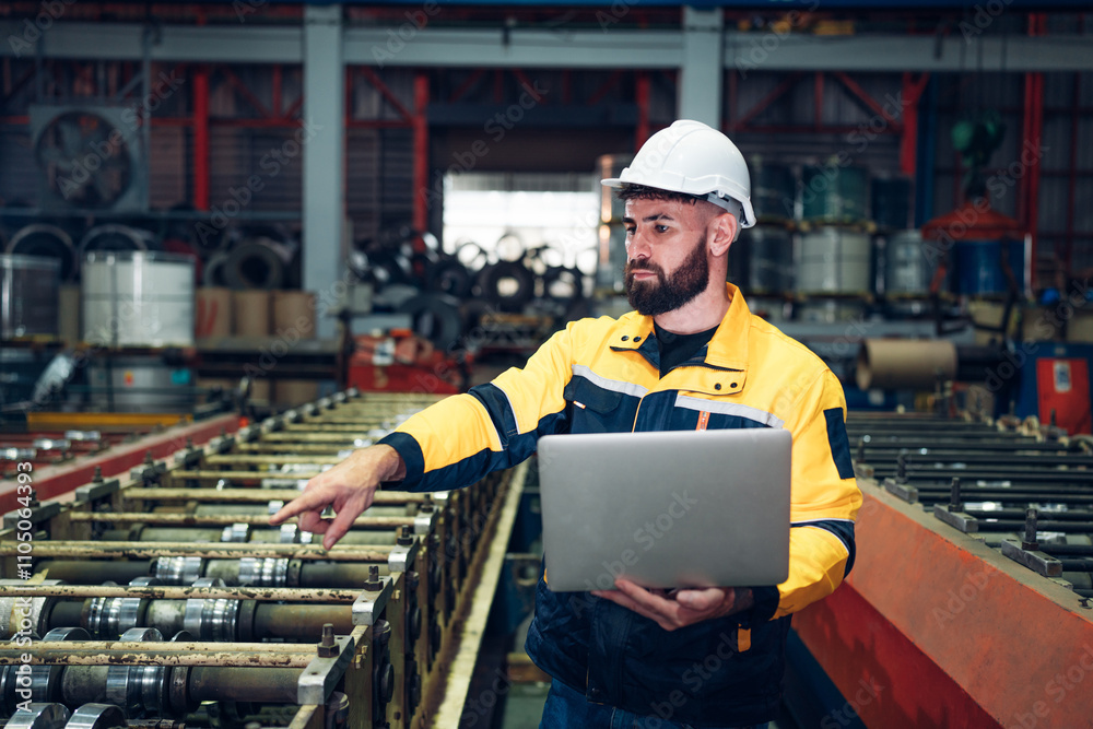 Engineer wear uniform and helmet using laptop are checking system machine at factory. Workers industrial factory. Machine maintenance technician operation concept. Engineer wear uniform and helmet using laptop are checking system machine at factory. Workers industrial factory. Machine maintenance technician operation concept.