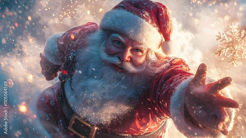 Ia generated. Santa Claus raising his hand upward in a festive winter scene.