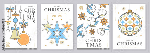 Set of modern line art Merry Christmas and Happy New Year greeting cards, covers or posters with holiday decoration. Christmas background. Vector illustration
