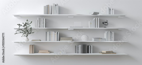Office interior backdrop for online meetings. Light home office setting bookshelves background. Minimalist online workspace aesthetics. Video conferencing room design in pastel tones.