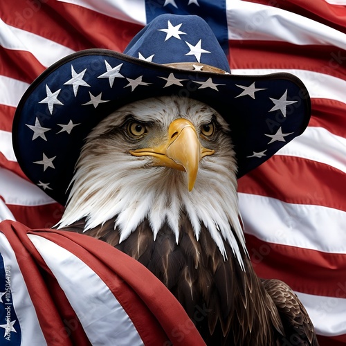 Patriotic Bald Eagle in a Cowboy Hat Against an American Flag photo