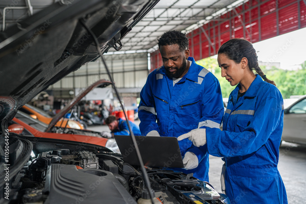 Team Auto mechanic are checking and repair maintenance auto engine is problems at car repair shop. Team Auto mechanic are checking and repair maintenance auto engine is problems at car repair shop.