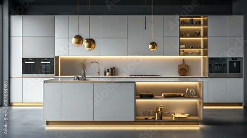 A contemporary kitchen with matte white cabinets and gold accents, paired with soft pendant lighting and a large central island, showcasing open shelving with a minimalist aesthetic.