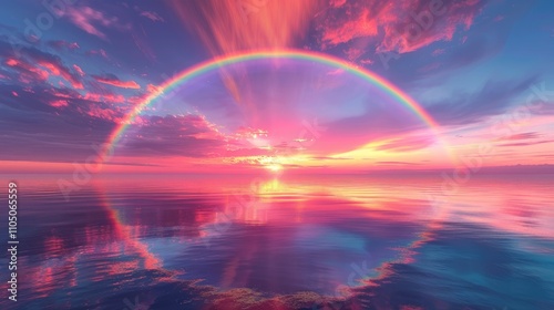 A beautiful web banner design featuring a bright rainbow and spectacular sky sunset, with a clear ocean reflection and a feeling of joy, perfect for a happy and uplifting design