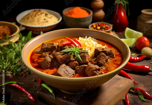 A richly colored bowl of beef curry garnished with chilies and herbs, surrounded by spices and ingredients, showcasing a vibrant culinary presentation. Rendang photo