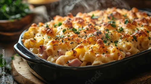 Horizontal close-up of a hearty Austrian ham and cheese noodle casserole, steaming in a baking dish on a cozy table setting.