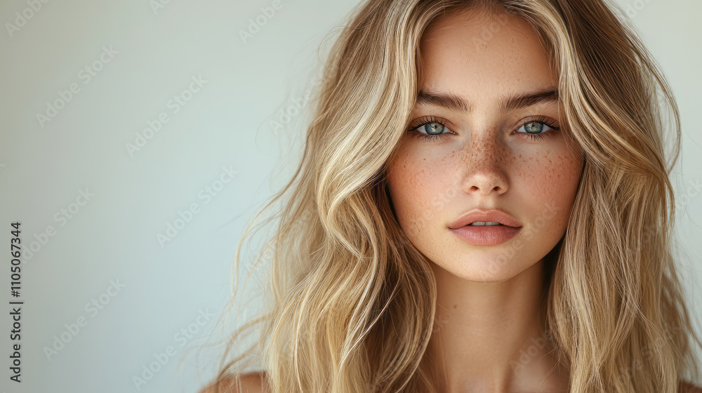 A high-resolution photorealistic image of a woman with long, wavy blonde hair with highlights. Neutral white background. A high-resolution photorealistic image of a woman with long, wavy blonde hair with highlights. Neutral white background.