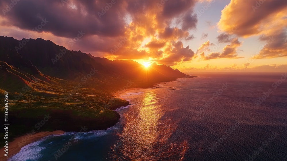 Obraz premium Stunning sunset over a coastal landscape with mountains.