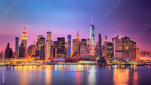 Panoramic view of the New York City skyline at sunset with reflections on the water.