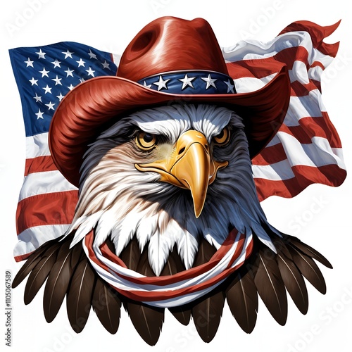 Patriotic Bald Eagle Wearing a Cowboy Hat with American Flag Background: A Symbol of Freedom and Americana photo