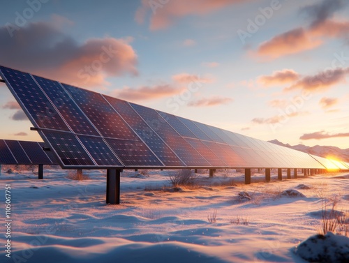 Solar panel installation at sunset solar farm renewable energy winter landscape ground view sustainable technology