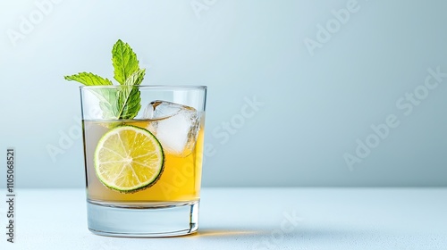 Cold herbal beverage in a clear glass with ice cubes, mint, and lime, bright background with room for text, high-end foods photography, deep depth of field, Product photography with high resolution,