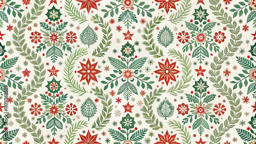Seamless Christmas pattern with stylized trees,flowers and berries.Timeless vintage Scandinavian ornament on white background to create a joyful and festive atmosphere in your projects.