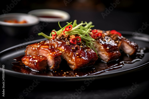 A close-up of succulent glazed meat with garnishes, served on a black plate, showcasing an appetizing dish ideal for a gourmet dining experience.