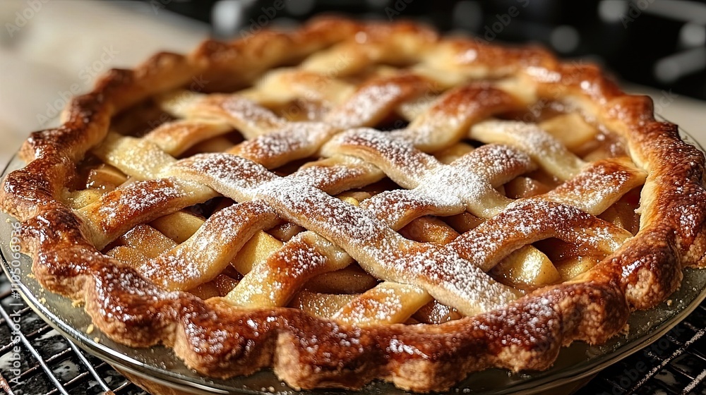 a warm apple pie with a lattice crust and a dusting of powdered sugar. - a warm apple pie with a lattice crust and a dusting of powdered sugar. -