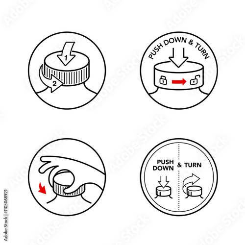 Icons set for instruction of opening child resistant cap of plastic pill bottle. The outline icons are well scalable and editable. Contrasting vector elements. EPS10.