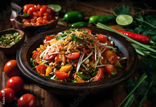 A vibrant salad featuring fresh vegetables, herbs, and toppings, arranged in a rustic bowl, showcasing a healthy meal option. Som Tum Papaya Salad