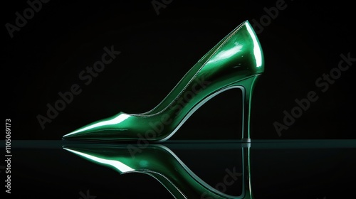 A bold, emerald green stiletto with a daringly high heel and sleek, pointed toe, posed against a minimalist, black background photo