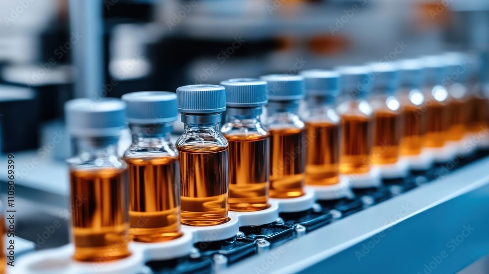 Orange liquid in glass vials on a lab production line, modern factory interior Orange liquid in glass vials on a lab production line, modern factory interior