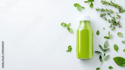 Wallpaper Mural Herbal juice bottle on a clean white background with fresh herbs scattered around, copy space for text, deep depth of field, Product photography with high resolution, studio lighting, advertising Torontodigital.ca