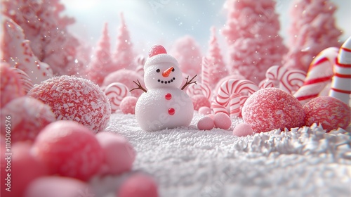 A festive snowman with canes surrounded by Christmas decorations and winter holiday cheer photo