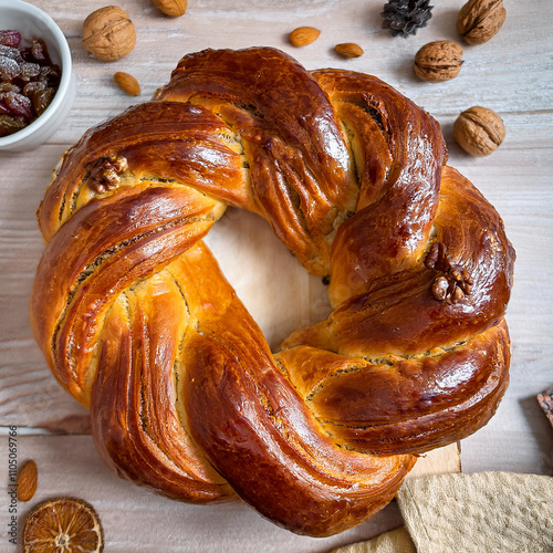 Golden Braided Cozonac with Walnuts Raisins and Rahat photo