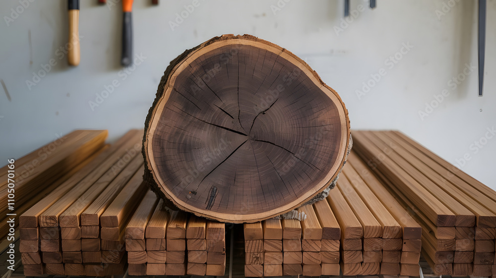 A rustic Ipe wood slice, showcasing its intricate growth rings and weathered bark, rests on a bed of weathered Ipe planks, perfect for natural and earthy design projects. A rustic Ipe wood slice, showcasing its intricate growth rings and weathered bark, rests on a bed of weathered Ipe planks, perfect for natural and earthy design projects.