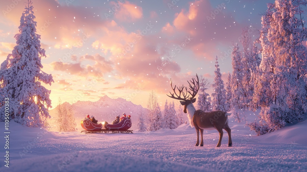 Reindeer and Santas Sleigh in a Pastel Snow Scene Reindeer and Santas Sleigh in a Pastel Snow Scene