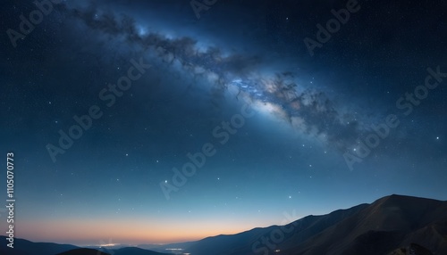 Starlit galaxy over mountain range night sky landscape photography serene environment wide angle view cosmic wonder