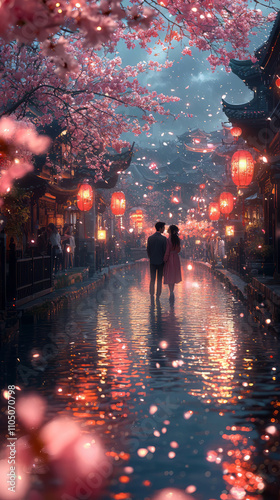 A romantic couple celebrating Qixi Festival under a starry night sky  traditional Chinese elements.