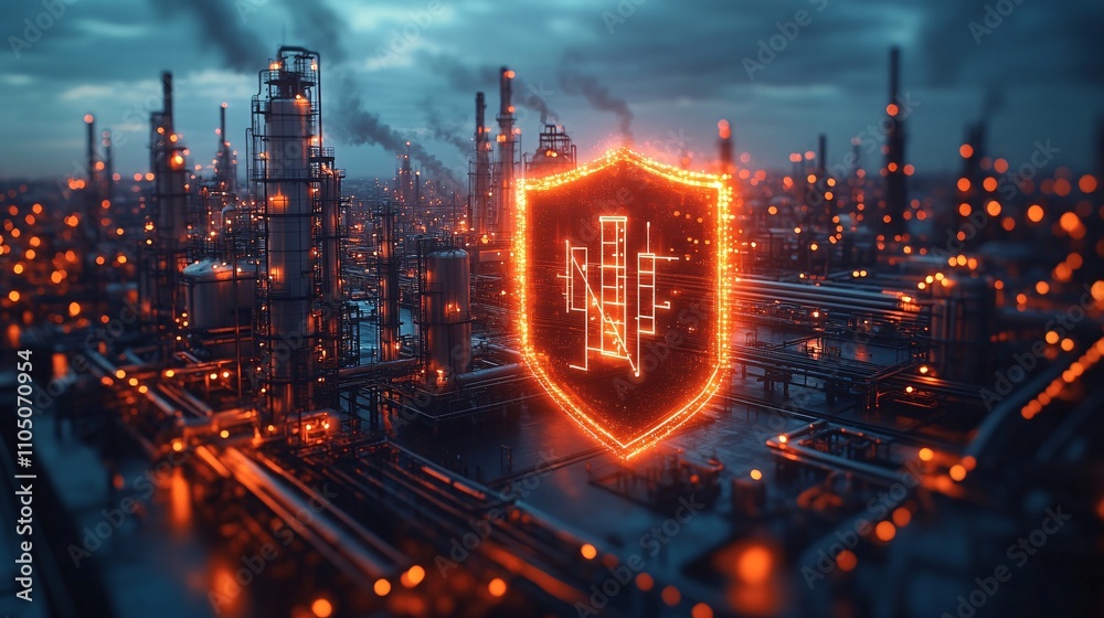 Fototapeta premium an industrial site combined with a shield emblem, highlighting the critical nature of energy security and protection.