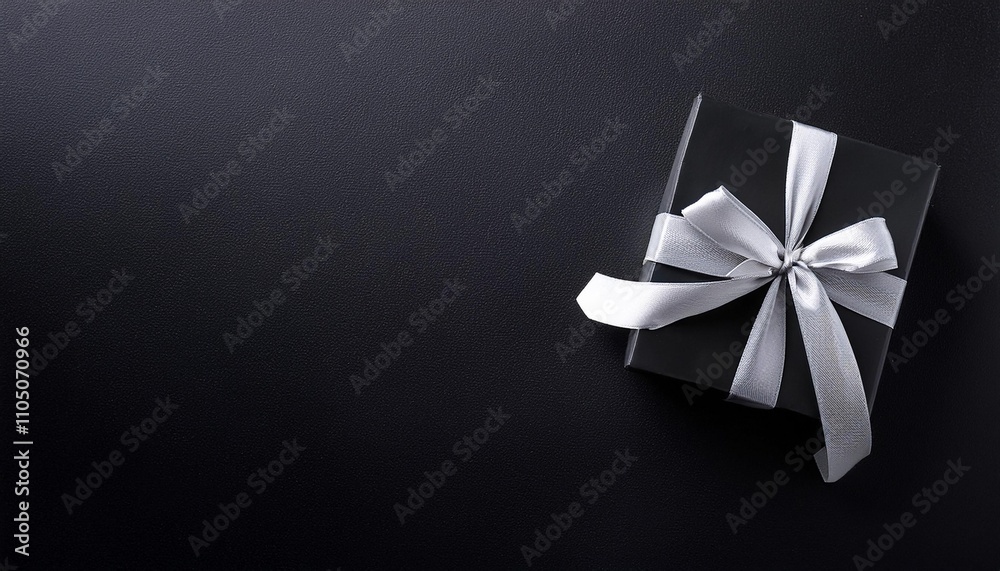 Black Gift Box with Silver Ribbon on Black Background. Top View of Father Day Gifts with Copy Space Black Gift Box with Silver Ribbon on Black Background. Top View of Father Day Gifts with Copy Space