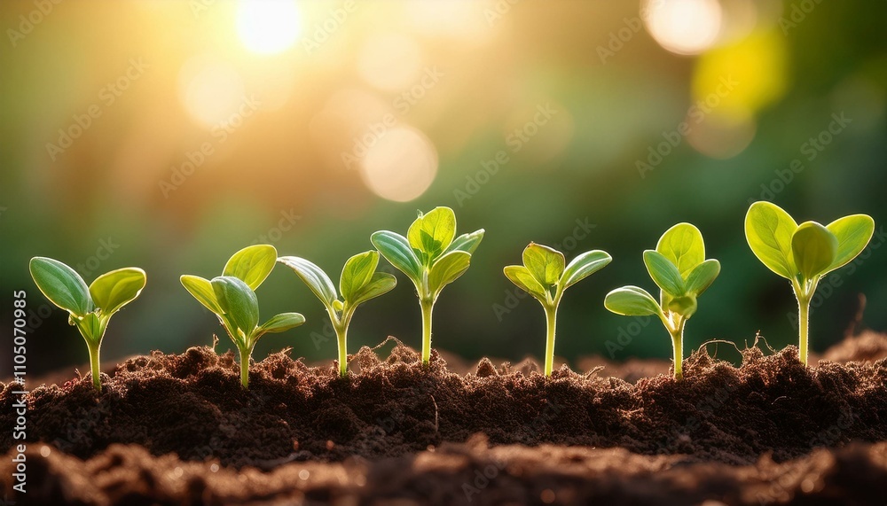 Fresh Green Seedlings Emerging from Soil in a Bright Daylight Garden