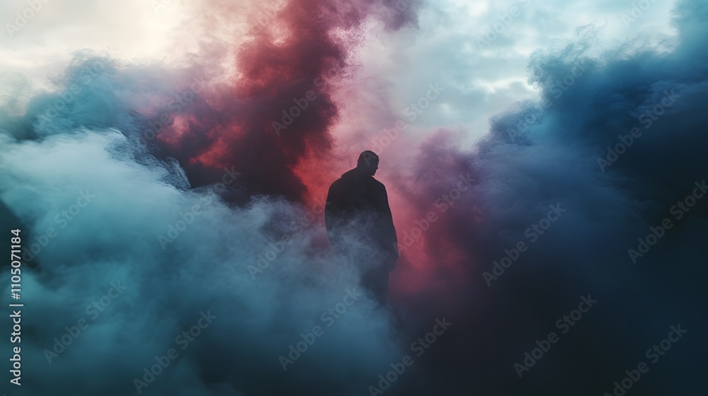 Fototapeta premium Solitary Figure Amidst a Colorful Smoke Cloud