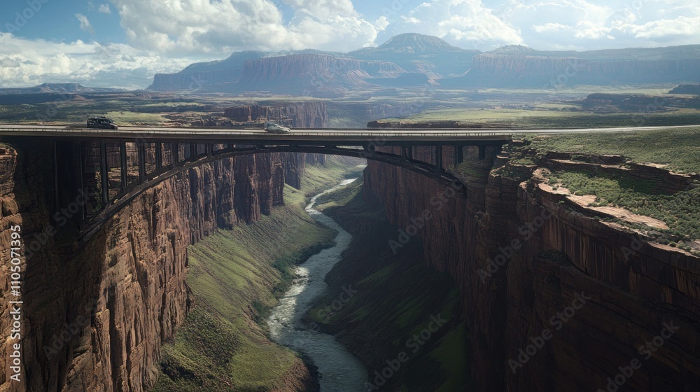 Naklejka premium Overpass crossing a large canyon, with breathtaking views of the rugged cliffs and a deep river below 